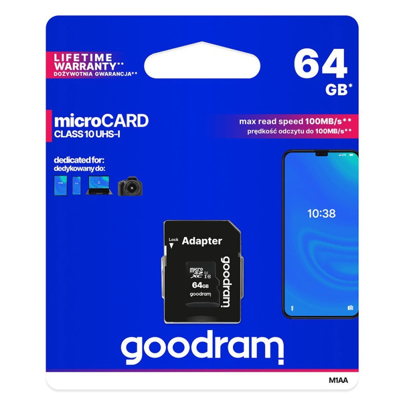 
Microcard atminties kortelė 64GB micro SD XC UHS-I Class 10 + SD adapteris

