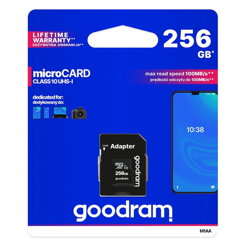 
Microcard 256GB micro SD XC UHS-I 10 klasės atminties kortelė + SD adapteris
