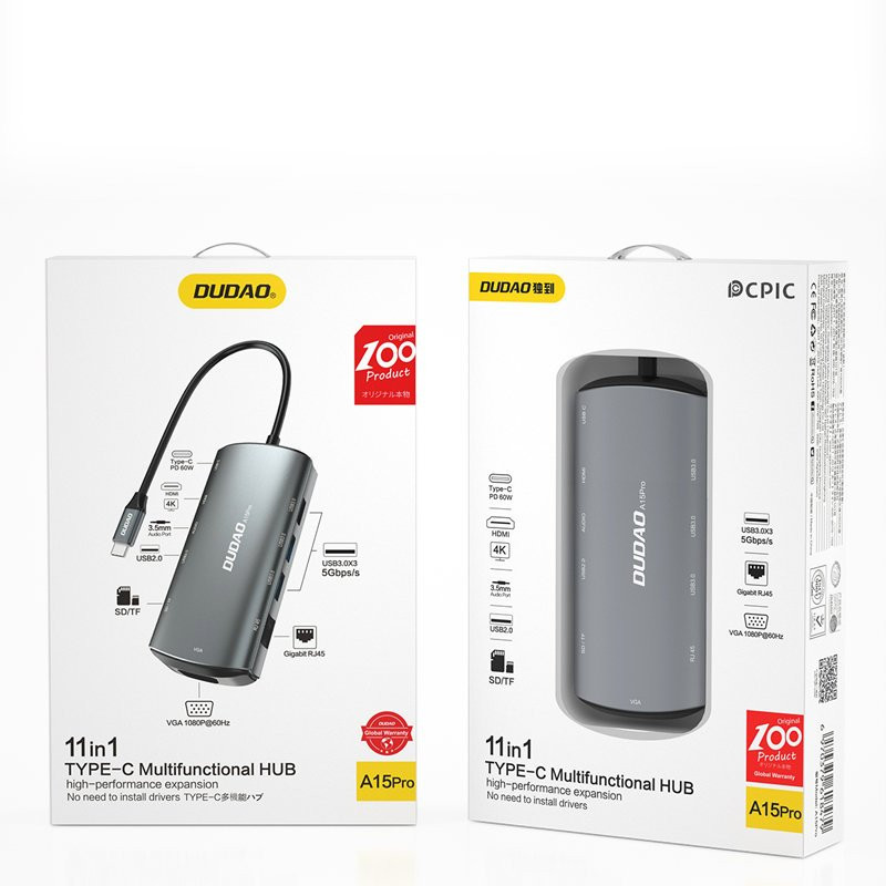 
11in1 Adapteris HUB USB-C HDMI 3,5 mm mini lizdas USB SD kortelių skaitytuvas micro SD VGA RJ45 pilka

