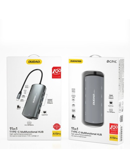 
11in1 Adapteris HUB USB-C HDMI 3,5 mm mini lizdas USB SD kortelių skaitytuvas micro SD VGA RJ45 pilka
