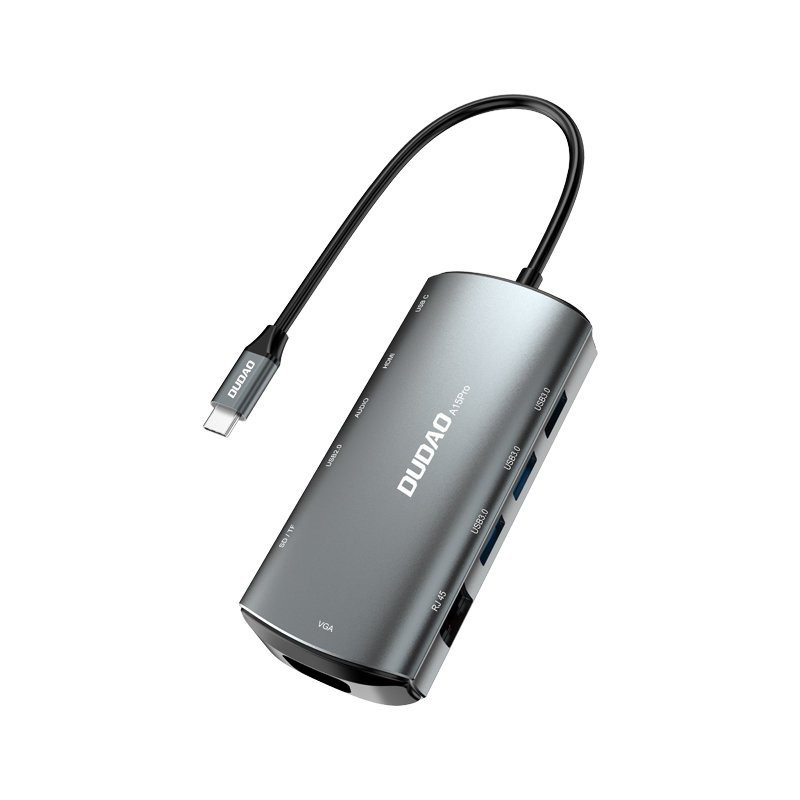 
11in1 Adapteris HUB USB-C HDMI 3,5 mm mini lizdas USB SD kortelių skaitytuvas micro SD VGA RJ45 pilka
