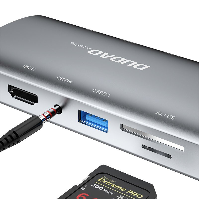 
11in1 Adapteris HUB USB-C HDMI 3,5 mm mini lizdas USB SD kortelių skaitytuvas micro SD VGA RJ45 pilka
