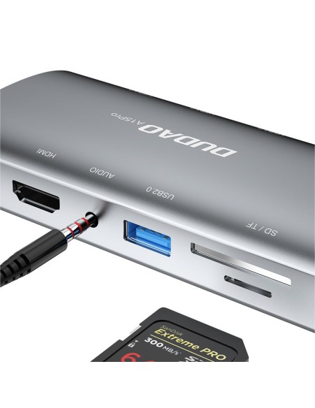 
11in1 Adapteris HUB USB-C HDMI 3,5 mm mini lizdas USB SD kortelių skaitytuvas micro SD VGA RJ45 pilka
