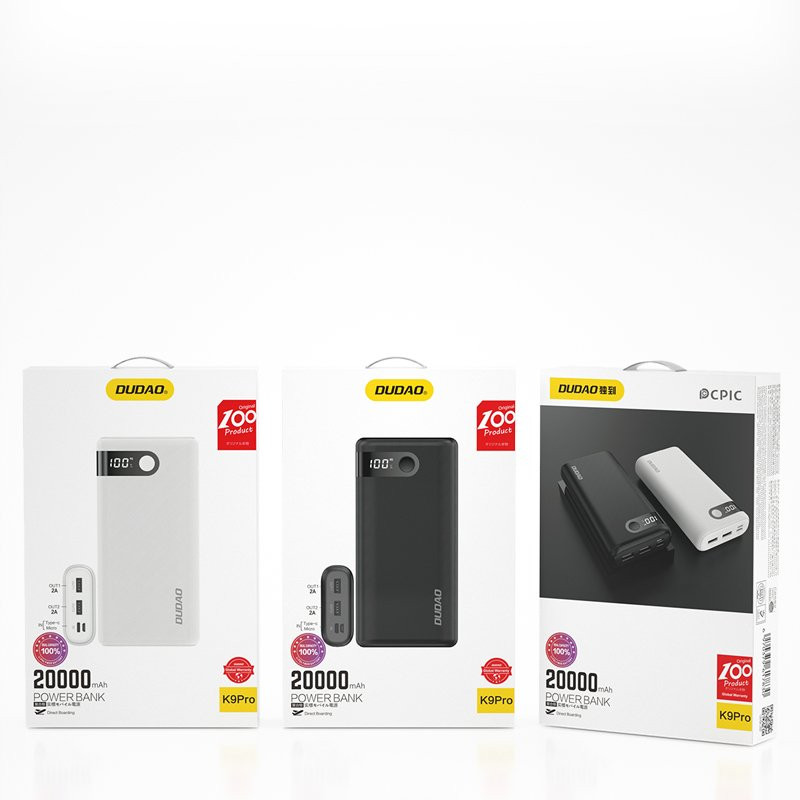 Powerbank 20000 mAh 2x USB USB-C micro USB 2A su LED ekranu baltas