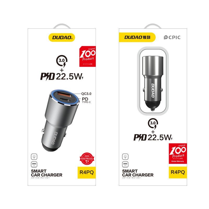 
USB automobilinis įkroviklis USB-C PD QC 22.5W pilka
