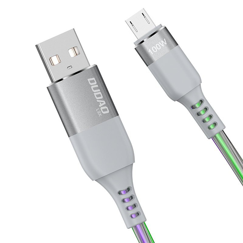 Šviečiantis šviečiantis LED USB - micro USB laidas 5A 1m pilkas