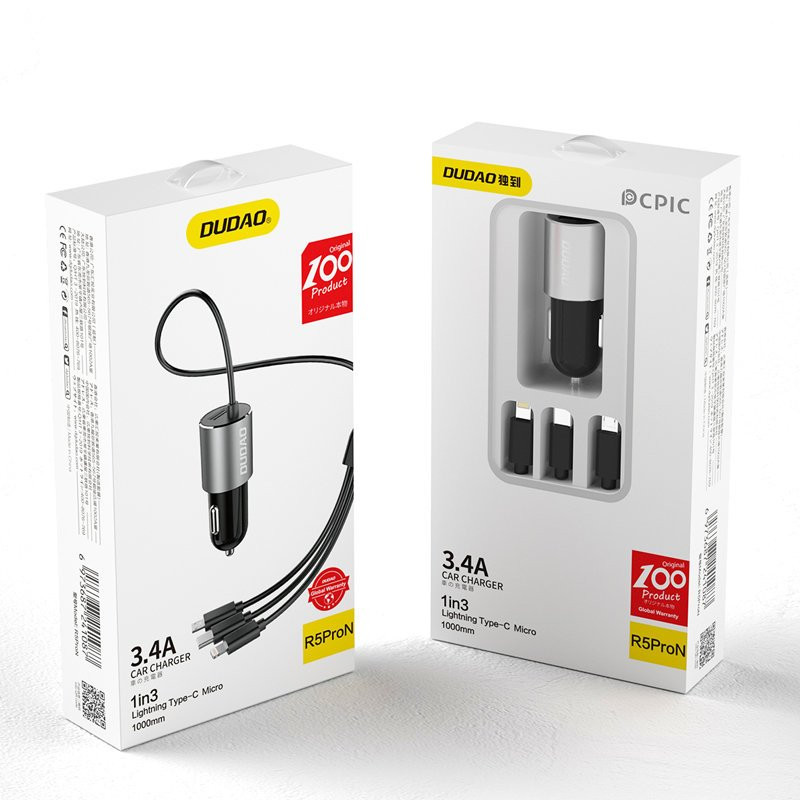 
3in1 USB automobilinis įkroviklis + įmontuotas Lightning USB-C mikro USB laidas, juodas
