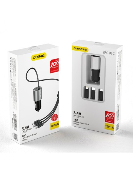 
3in1 USB automobilinis įkroviklis + įmontuotas Lightning USB-C mikro USB laidas, juodas
