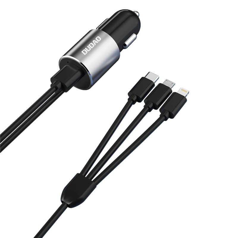 
3in1 USB automobilinis įkroviklis + įmontuotas Lightning USB-C mikro USB laidas, juodas
