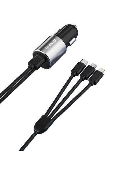 
3in1 USB automobilinis įkroviklis + įmontuotas Lightning USB-C mikro USB laidas, juodas
