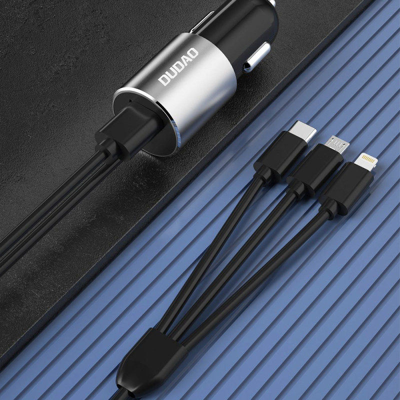 
3in1 USB automobilinis įkroviklis + įmontuotas Lightning USB-C mikro USB laidas, juodas
