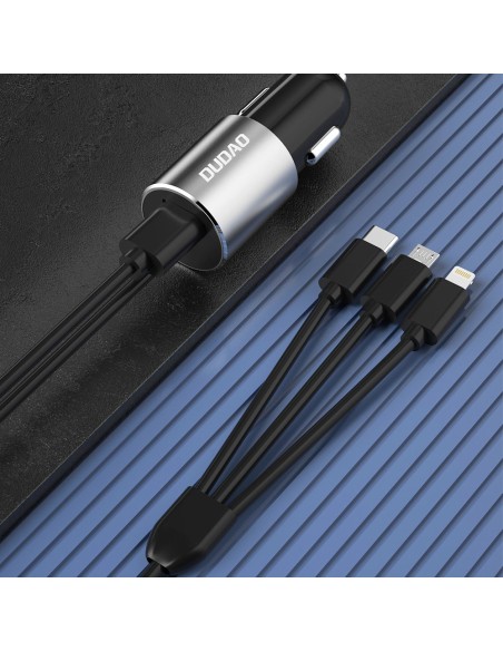 
3in1 USB automobilinis įkroviklis + įmontuotas Lightning USB-C mikro USB laidas, juodas
