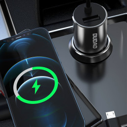 
3in1 USB automobilinis įkroviklis + įmontuotas Lightning USB-C mikro USB laidas, juodas
