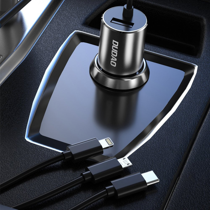
3in1 USB automobilinis įkroviklis + įmontuotas Lightning USB-C mikro USB laidas, juodas
