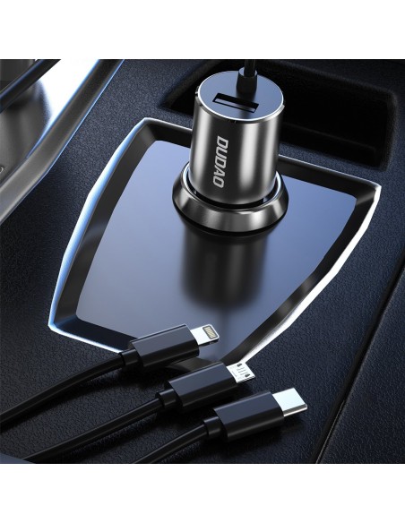 
3in1 USB automobilinis įkroviklis + įmontuotas Lightning USB-C mikro USB laidas, juodas
