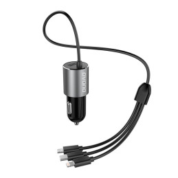 
3in1 USB automobilinis įkroviklis + įmontuotas Lightning USB-C mikro USB laidas, juodas
