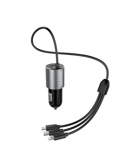 
3in1 USB automobilinis įkroviklis + įmontuotas Lightning USB-C mikro USB laidas, juodas
