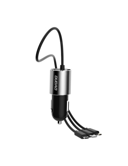 
3in1 USB automobilinis įkroviklis + įmontuotas Lightning USB-C mikro USB laidas, juodas
