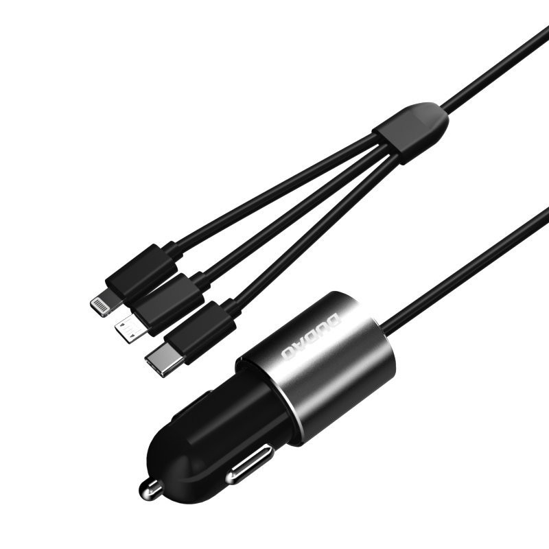 
3in1 USB automobilinis įkroviklis + įmontuotas Lightning USB-C mikro USB laidas, juodas
