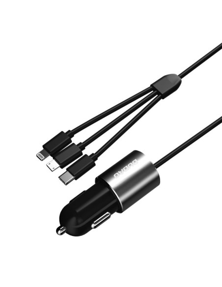 
3in1 USB automobilinis įkroviklis + įmontuotas Lightning USB-C mikro USB laidas, juodas
