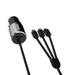 
3in1 USB automobilinis įkroviklis + įmontuotas Lightning USB-C mikro USB laidas, juodas
