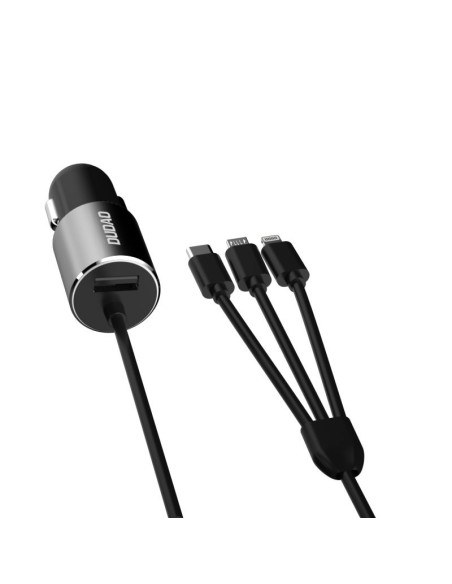 
3in1 USB automobilinis įkroviklis + įmontuotas Lightning USB-C mikro USB laidas, juodas
