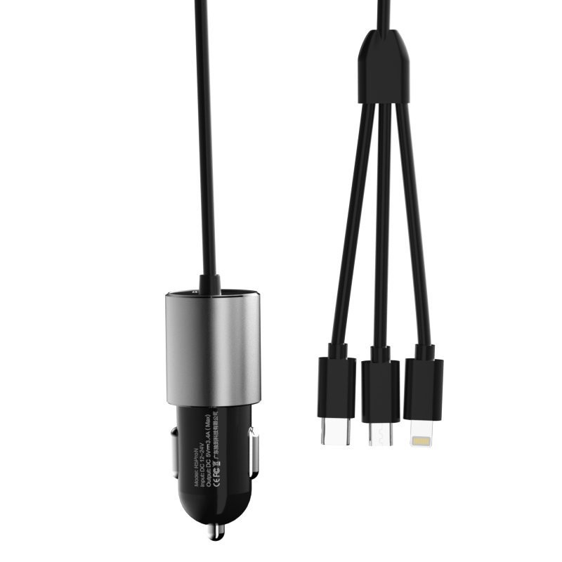 
3in1 USB automobilinis įkroviklis + įmontuotas Lightning USB-C mikro USB laidas, juodas
