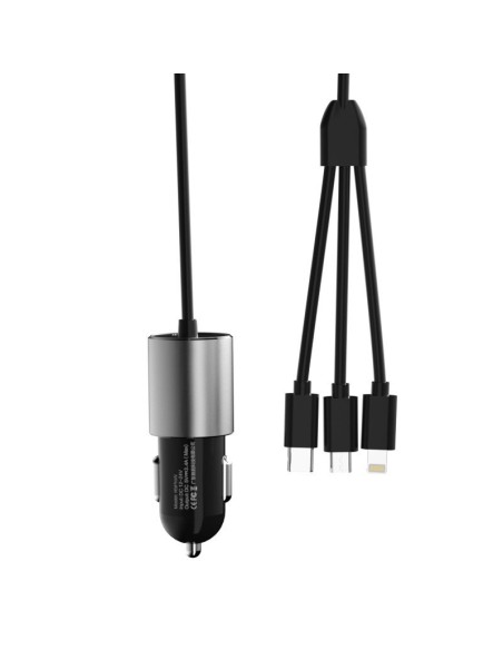 
3in1 USB automobilinis įkroviklis + įmontuotas Lightning USB-C mikro USB laidas, juodas
