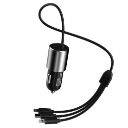 
3in1 USB automobilinis įkroviklis + įmontuotas Lightning USB-C mikro USB laidas, juodas
