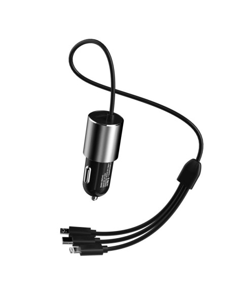 
3in1 USB automobilinis įkroviklis + įmontuotas Lightning USB-C mikro USB laidas, juodas
