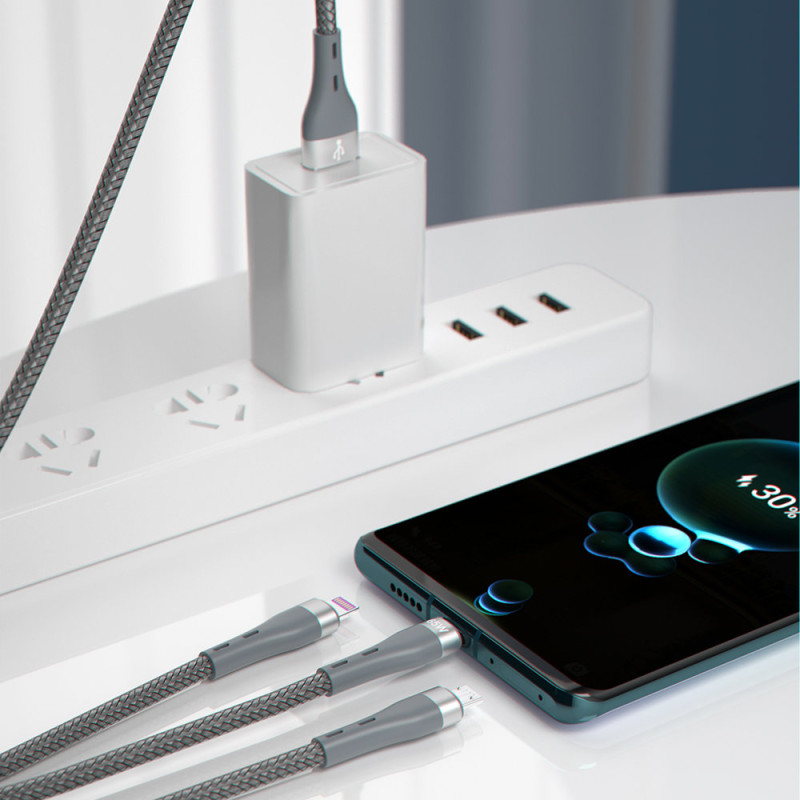 3in1 kabelis USB – Lightning microUSB USB-C 65W 1,2m pilka