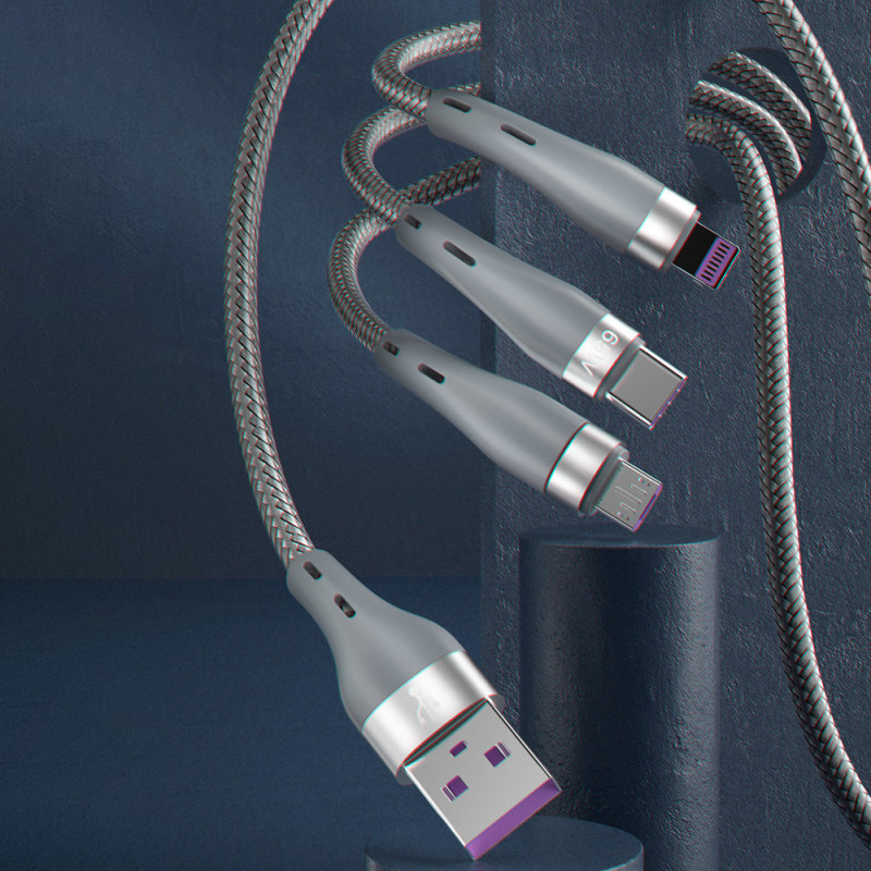 3in1 kabelis USB – Lightning microUSB USB-C 65W 1,2m pilka