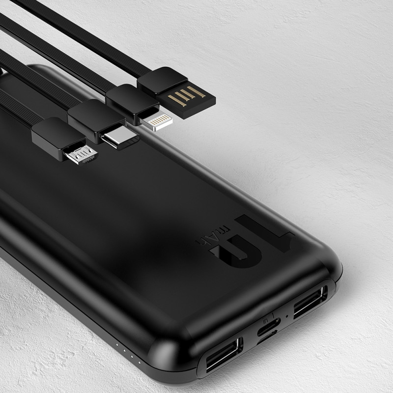 Powerbank K6Pro 10000mAh universalus su USB-C microUSB Lightning laidu, juodas