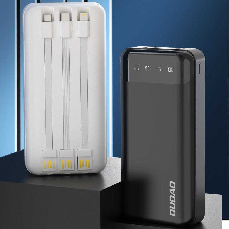 Talpi 20 000 mAh maitinimo blokas su 3 integruotais USB-C microUSB Lightning laidais, baltas