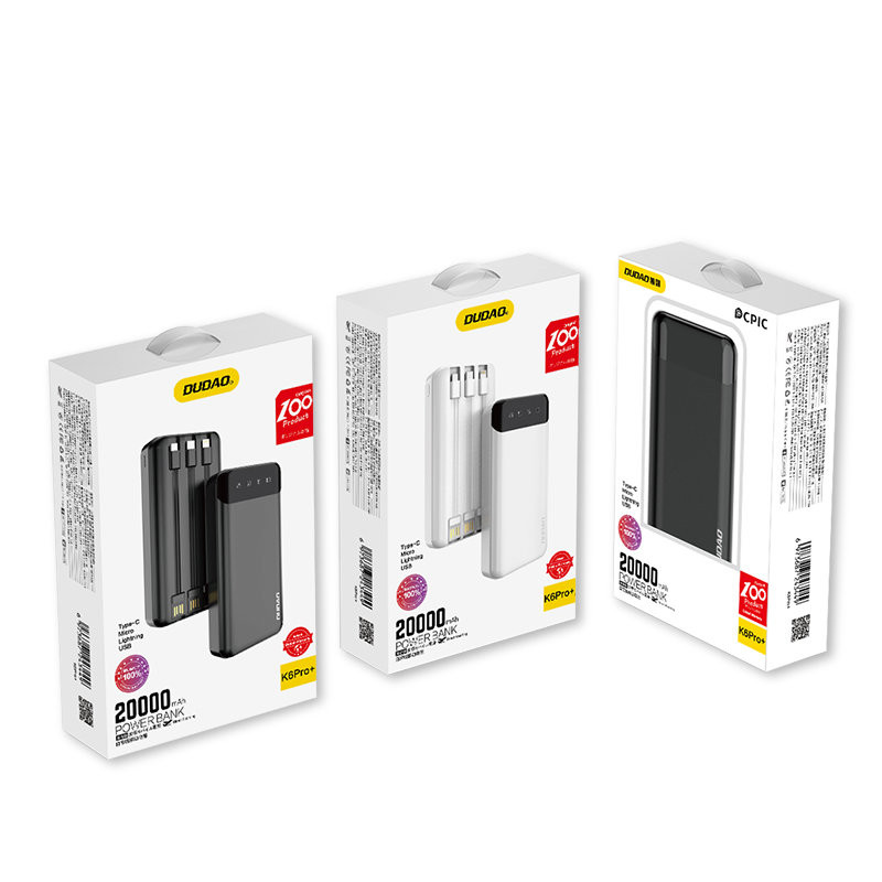 Talpi 20 000 mAh maitinimo blokas su 3 integruotais USB-C microUSB Lightning laidais, baltas
