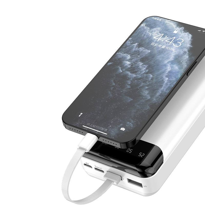Talpi 20 000 mAh maitinimo blokas su 3 integruotais USB-C microUSB Lightning laidais, baltas