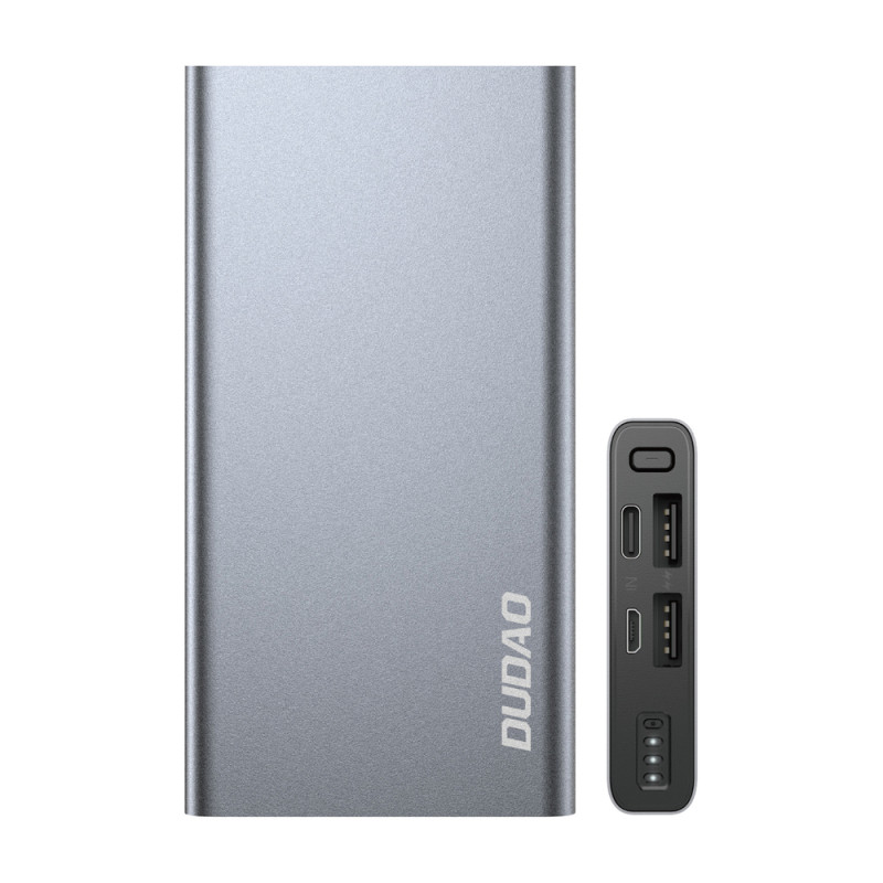 10000mAh metalinis maitinimo blokas su sidabro spalvos įkrovos lygio indikatoriumi