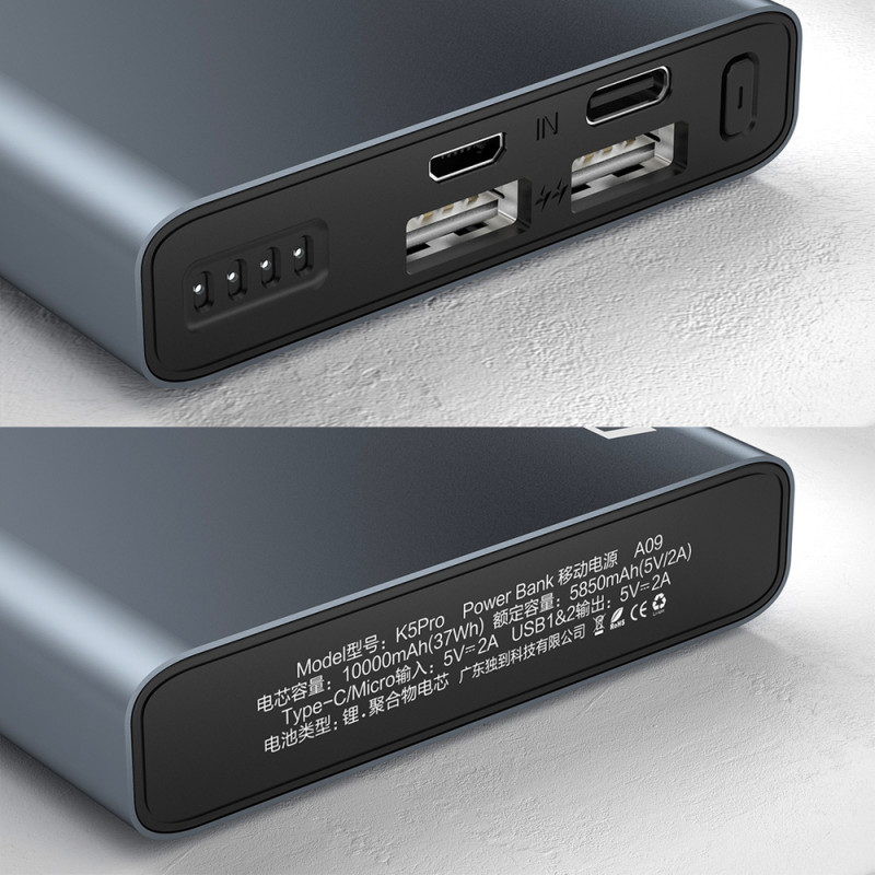 10000mAh metalinis maitinimo blokas su sidabro spalvos įkrovos lygio indikatoriumi