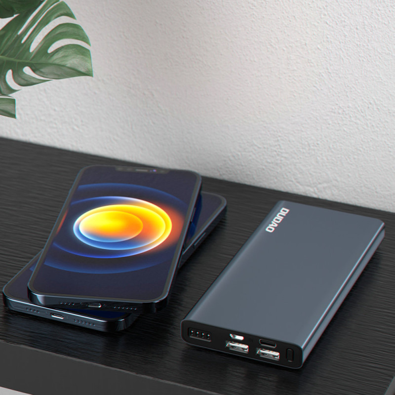 10000mAh metalinis maitinimo blokas su sidabro spalvos įkrovos lygio indikatoriumi