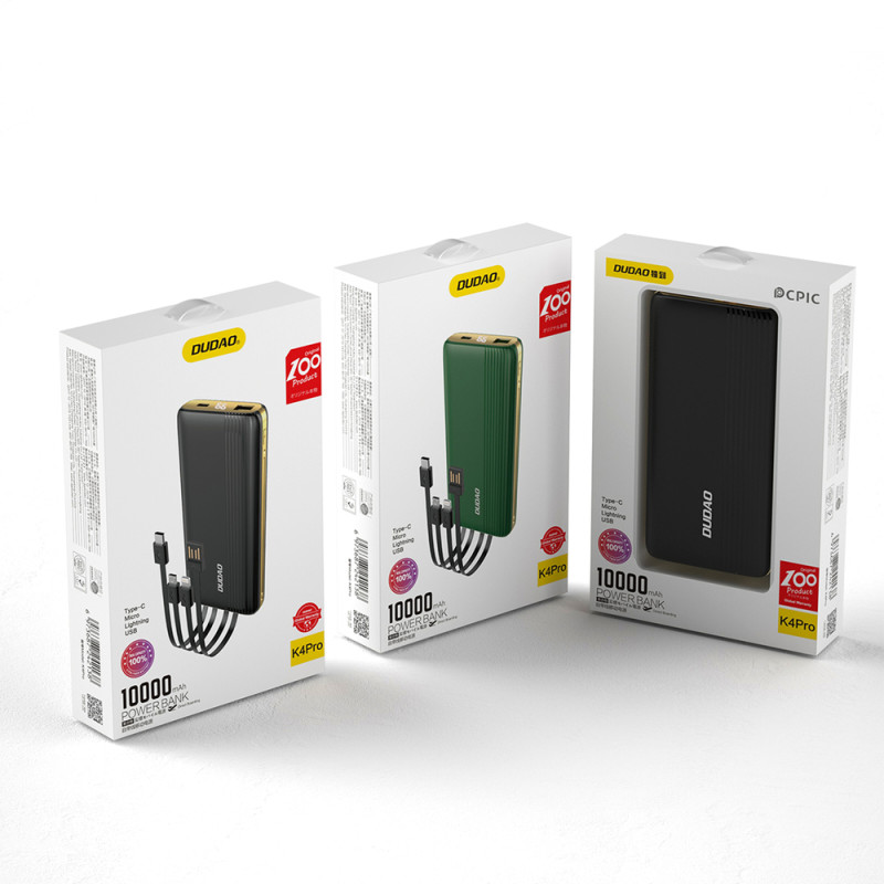 Powerbank 10000mAh K4Pro su įmontuotais laidais, žalias LED ekranas