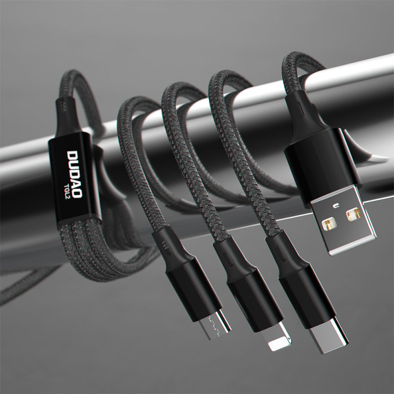 3in1 Kabelis universalus įkrovimo laidas USB-C microUSB Lightning 1,2 m juodas