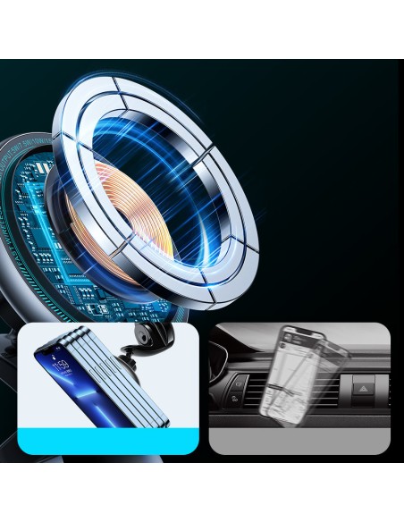 Magnetinis laikiklis su Qi 15W MagSafe indukciniu įkrovikliu prietaisų skydelio sidabrui