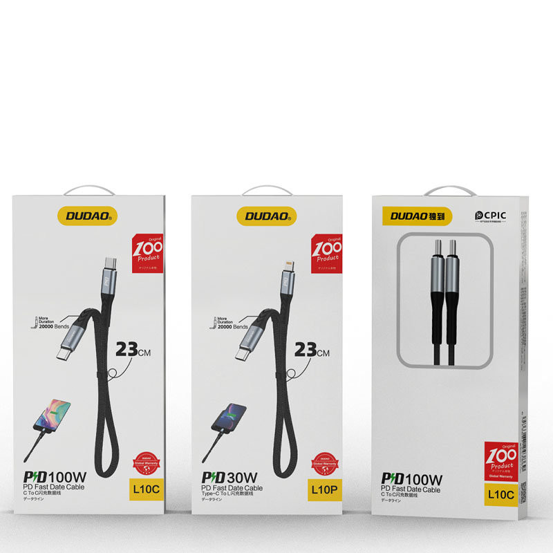 Kabelis plokščias kabelis trumpas USB-C - USB-C L10C PD 100W 23cm juodas
