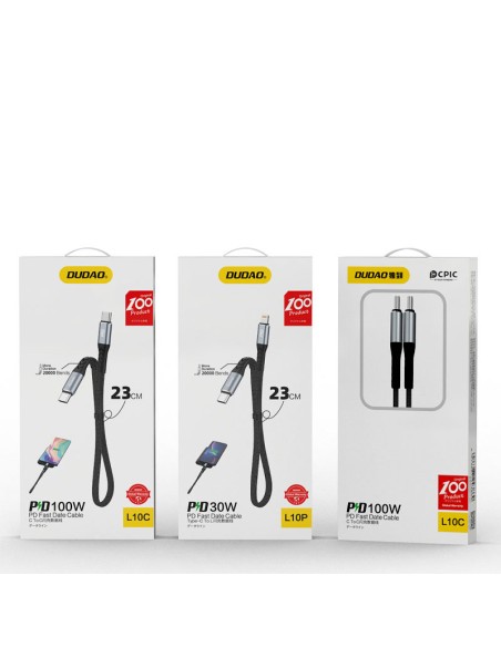 
Trumpas plokščias kabelis iPhone USB-C - Lightning L10P PD 20W 23cm juodas
