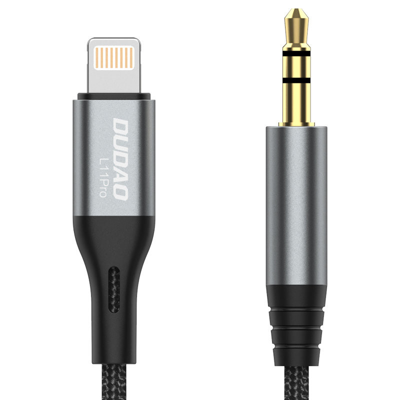 Medvilninis pintas AUX garso kabelis iPhone Lightning - mini lizdas 3,5 mm 1 m, pilkas