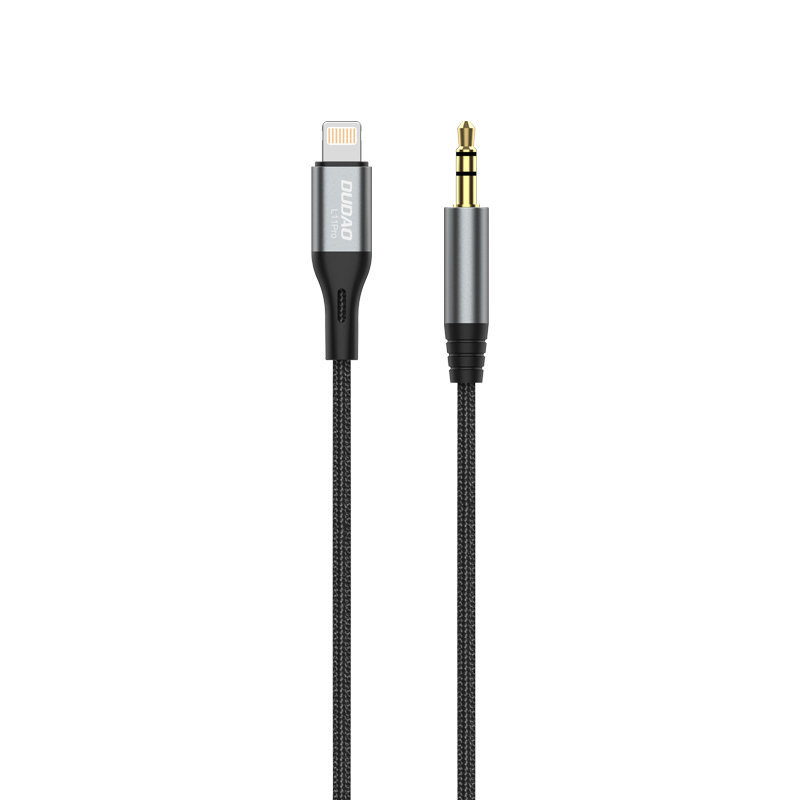 Medvilninis pintas AUX garso kabelis iPhone Lightning - mini lizdas 3,5 mm 1 m, pilkas