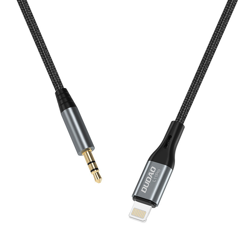 Medvilninis pintas AUX garso kabelis iPhone Lightning - mini lizdas 3,5 mm 1 m, pilkas