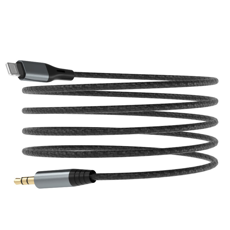 Medvilninis pintas AUX garso kabelis iPhone Lightning - mini lizdas 3,5 mm 1 m, pilkas
