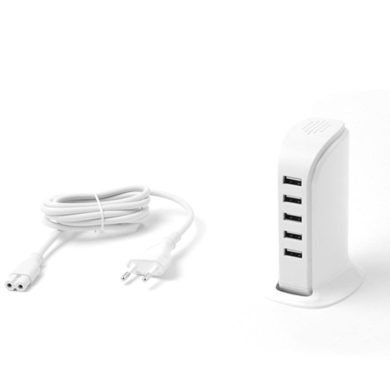 A5EU įkroviklis penkiems 5x USB įrenginiams su įmontuotu baltu tinklo kabeliu