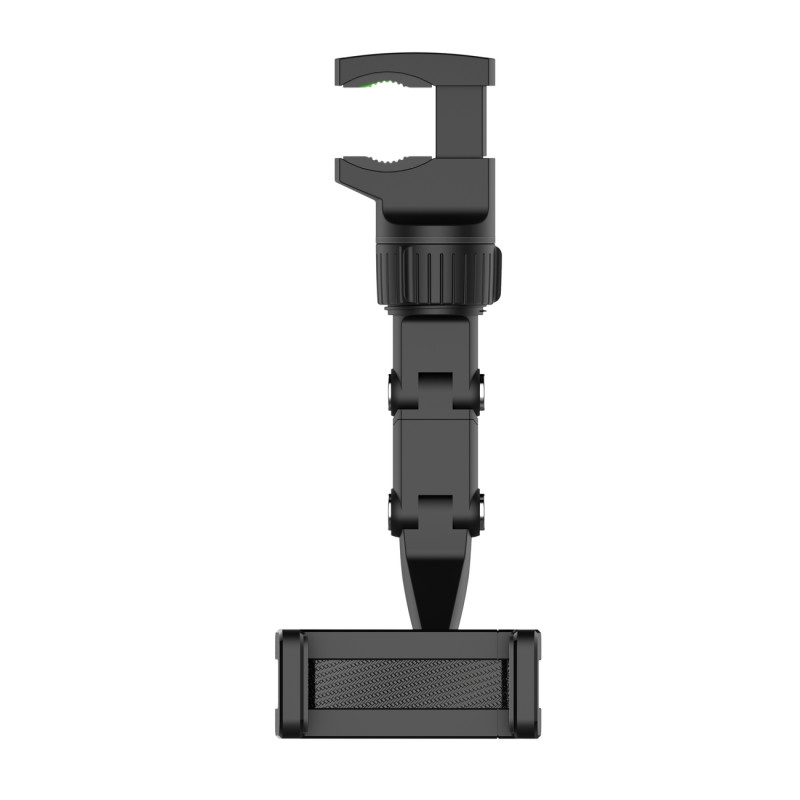 Juodas išmaniojo telefono laikiklis, pritvirtintas prie galinio vaizdo veidrodėlio